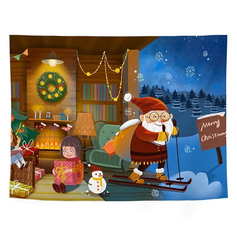 Cartoon Santa Claus Pattern Tapestry Home Bedroom Living Room Wall Decoration Christmas Theme Tapestry