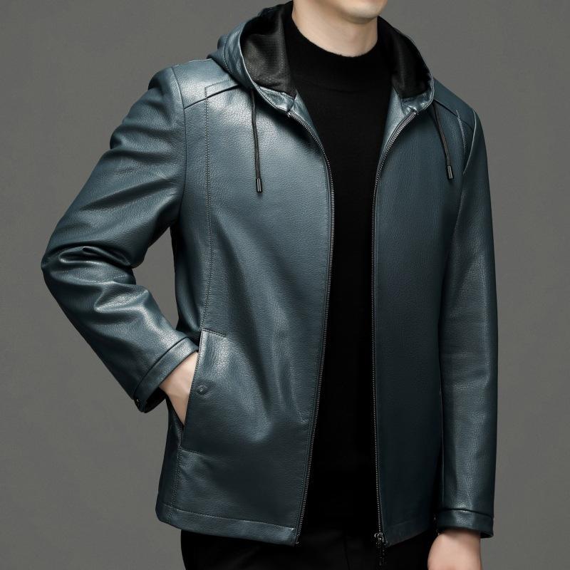 Leather Jacket Men's Handsome Hooded Casual Leather Jacket Middle-aged Dad Autumn and Winter Sheepskin Men's Jacket
