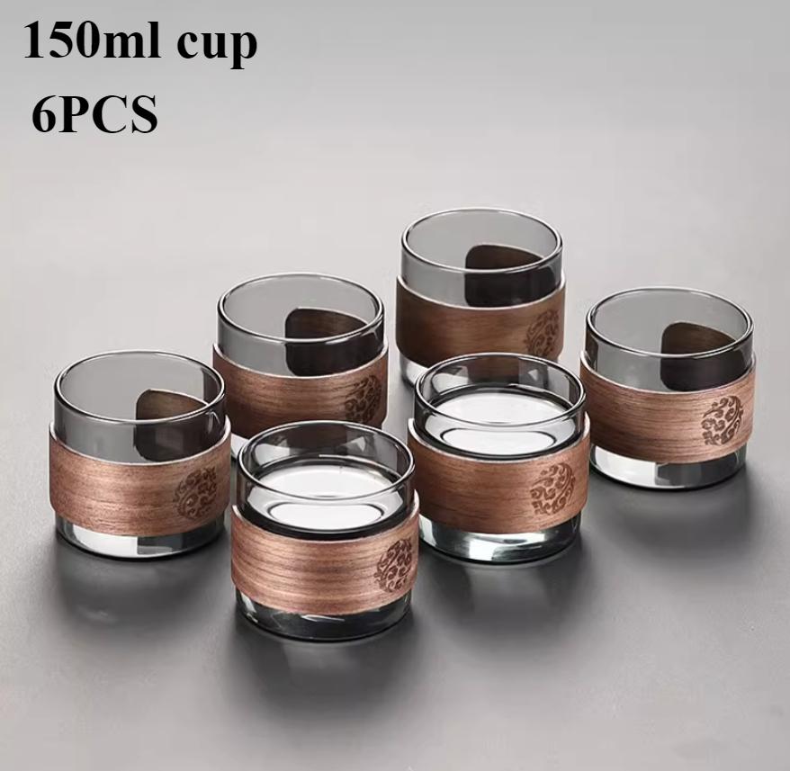Thickened Glass Tea Cup with Wooden Ring Heat-resistant and Heat-resistant Water Cup Master Cup Household Glass Cup Coffee Cup