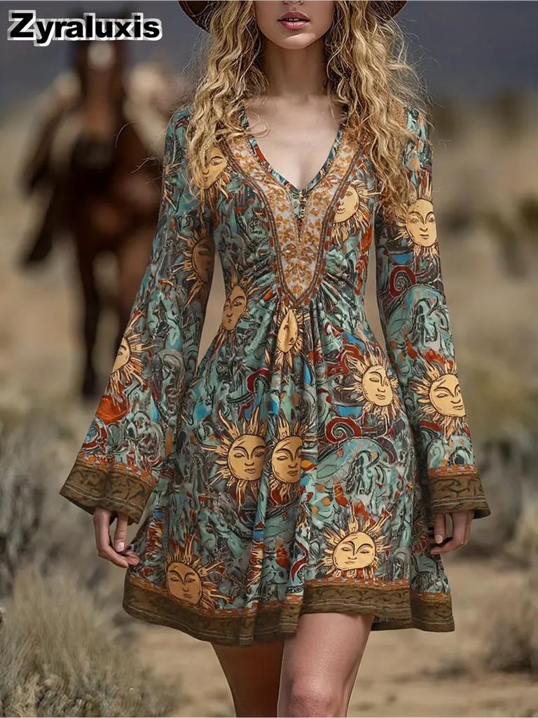 Women's Vintage Floral Long Sleeve Dress Bohemian Style