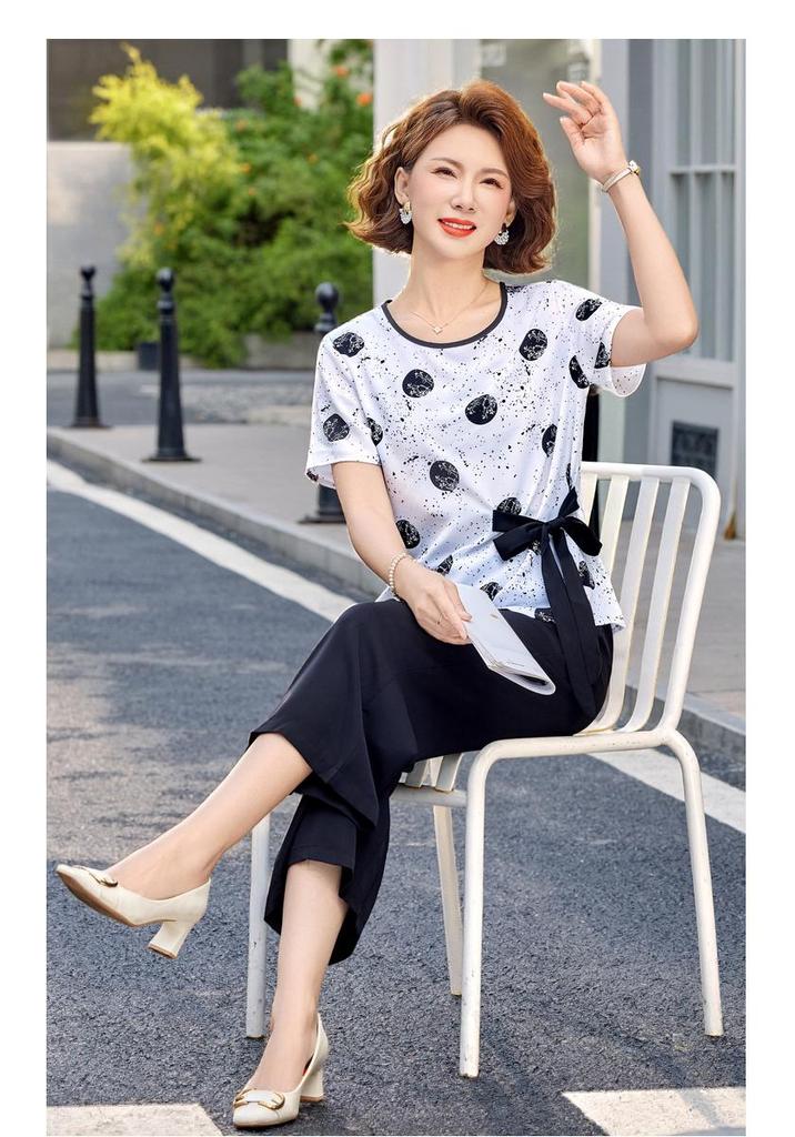 Summer Chinese Style Two-Piece Set: Short Sleeve Top & Wide Leg Pants for Middle-Aged Women