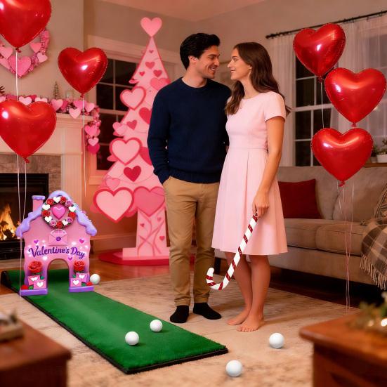 Zencefilli Kurabiye Şeker Baston Sevgililer Günü Golf Oyunu Seti İç Mekan Aile Partisi Ev Ofis Eğlencesi İçin Sopalı ve 6 Toplu Mini Golf Sahası