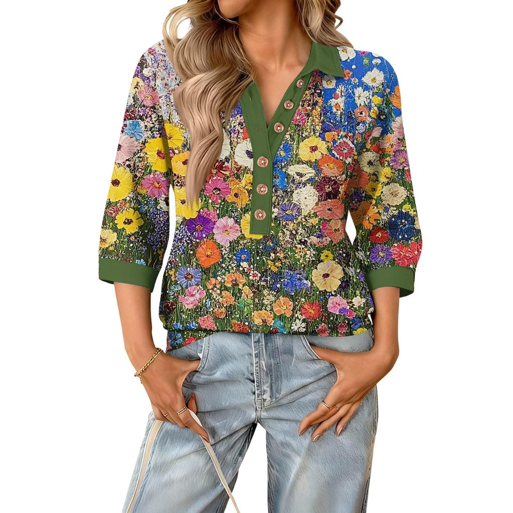 Damen modisches und lässiges Sommer V-Ausschnitt Patchwork Dreiviertelarm Blumenoberteil