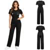 Women Scrubs Rompers Short Sleeve Front Big Patch Pockets Back Zipper Straight Wide Leg Jumpsuit Workwear for Doctor Nurse Medical Staff