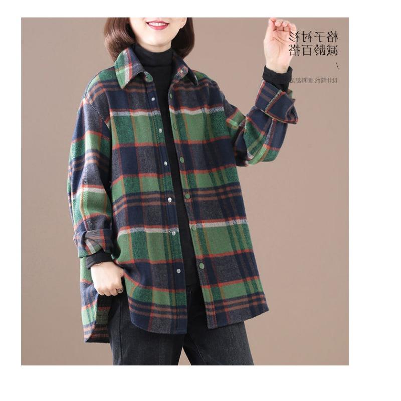 Camicia da Donna Autunno 2025 Nuova Patchwork Collo Polo Bottoni Plaid Levigato Moda Larga Manica Lunga