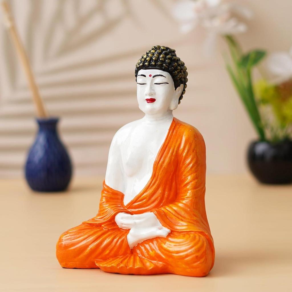 Orange White Resin Handcrafted Meditating Lord Buddha Statue for Living Room Home Decor Office |
