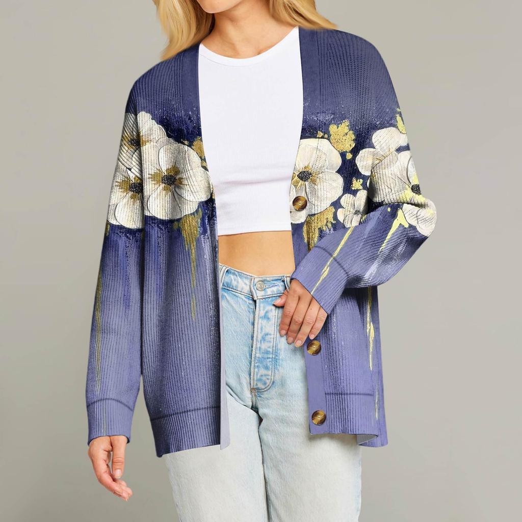 Women's Fashion Long Sleeve Print V-Neck Button Loose Cardigan Top
