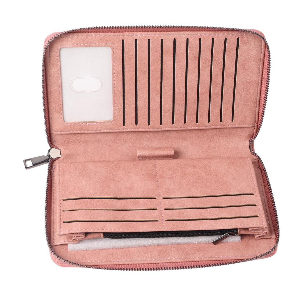 Long Women Wallet NFC RFID Blocking Purse PU Leather Credit Card Holder with Carrying Strap Pink