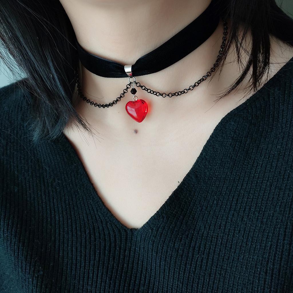 Dark gothic style, black velvet ribbon tassel chain, red heart-shaped pendant, choker collar, neckband, necklace for women