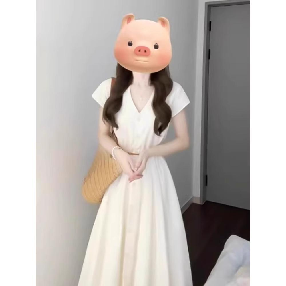 Apricot dress summer casual new popular wear with waist shirt v-neck small temperament dress