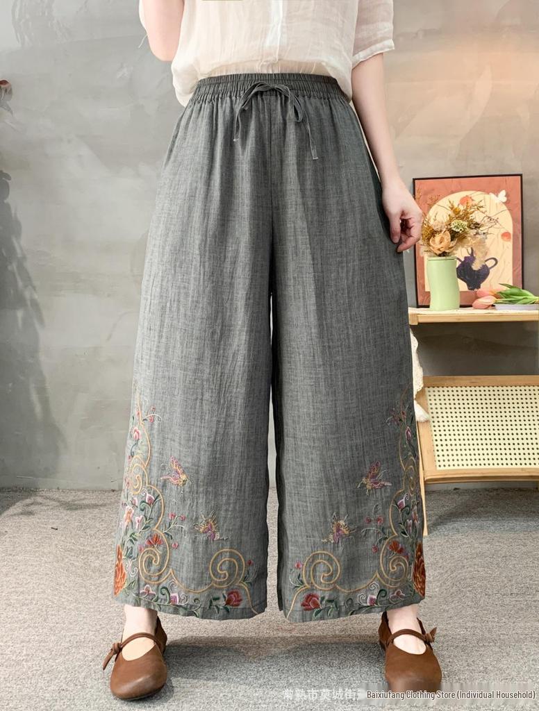 2026 Spring Women's Linen Embroidered Pants - Elastic Waist, Straight Leg, Casual and Versatile.