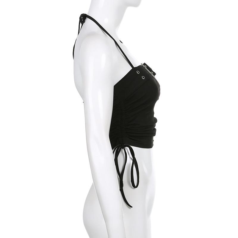 Spring Fashion Pure Desire Japanese Button Pleated Strap Exposed Umbilical Slim Hanging Neck Top Spicy Girls Sexy Small Vest Ultra-short Slim Tank Top