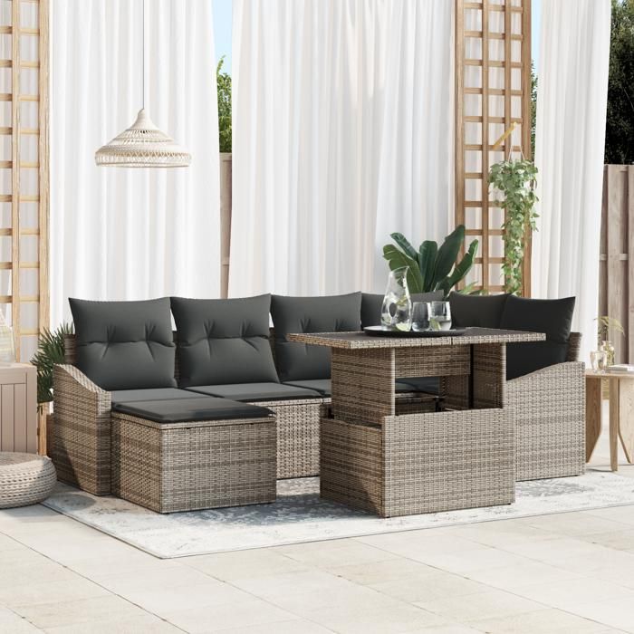 VidaXL Ensemble de Canapés de Jardin de 7 Pièces avec Coussins Gris Rattan Poly 3349035