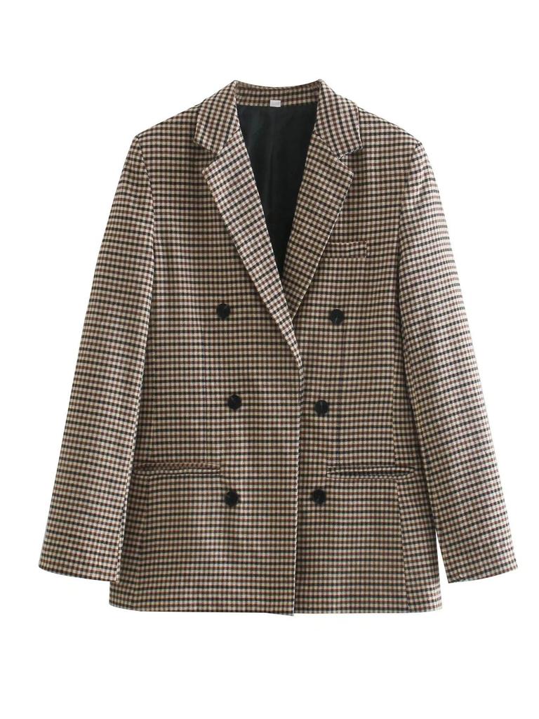 European & American Style Women's Plaid Double-Breasted Suit Jacket - Autumn 2024 Top 5 Colors