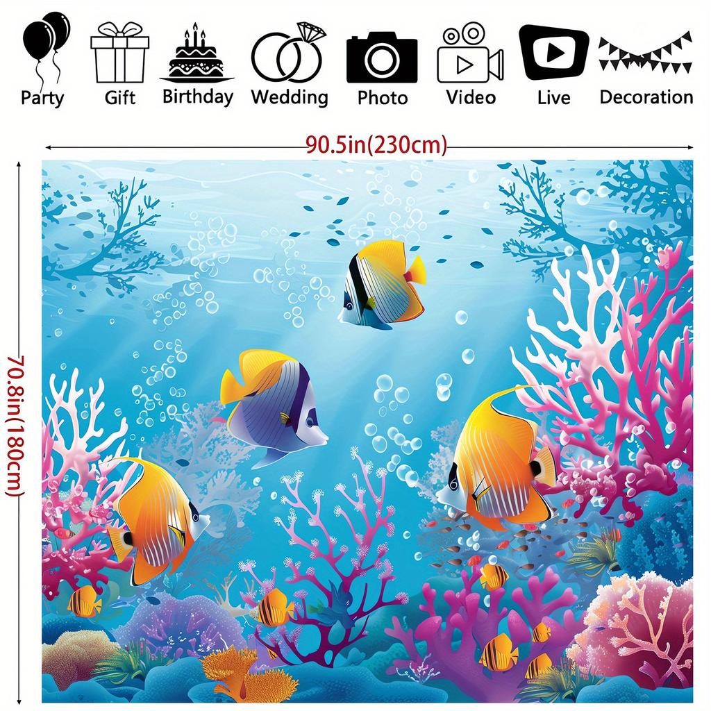 2D Plane, Background Fabric for the Underwater World - Tropical Fish and Coral Aquarium Scene, Polyester Fiber