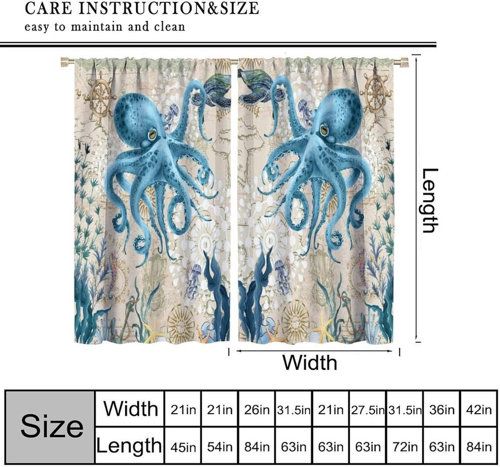 Octopus Curtains Ocean Animal Coral Nautical Map Starfish Sealifes Beach Theme Pattern Window Drapes Bedroom Kitch Curtain For Sleeping Area Polyester