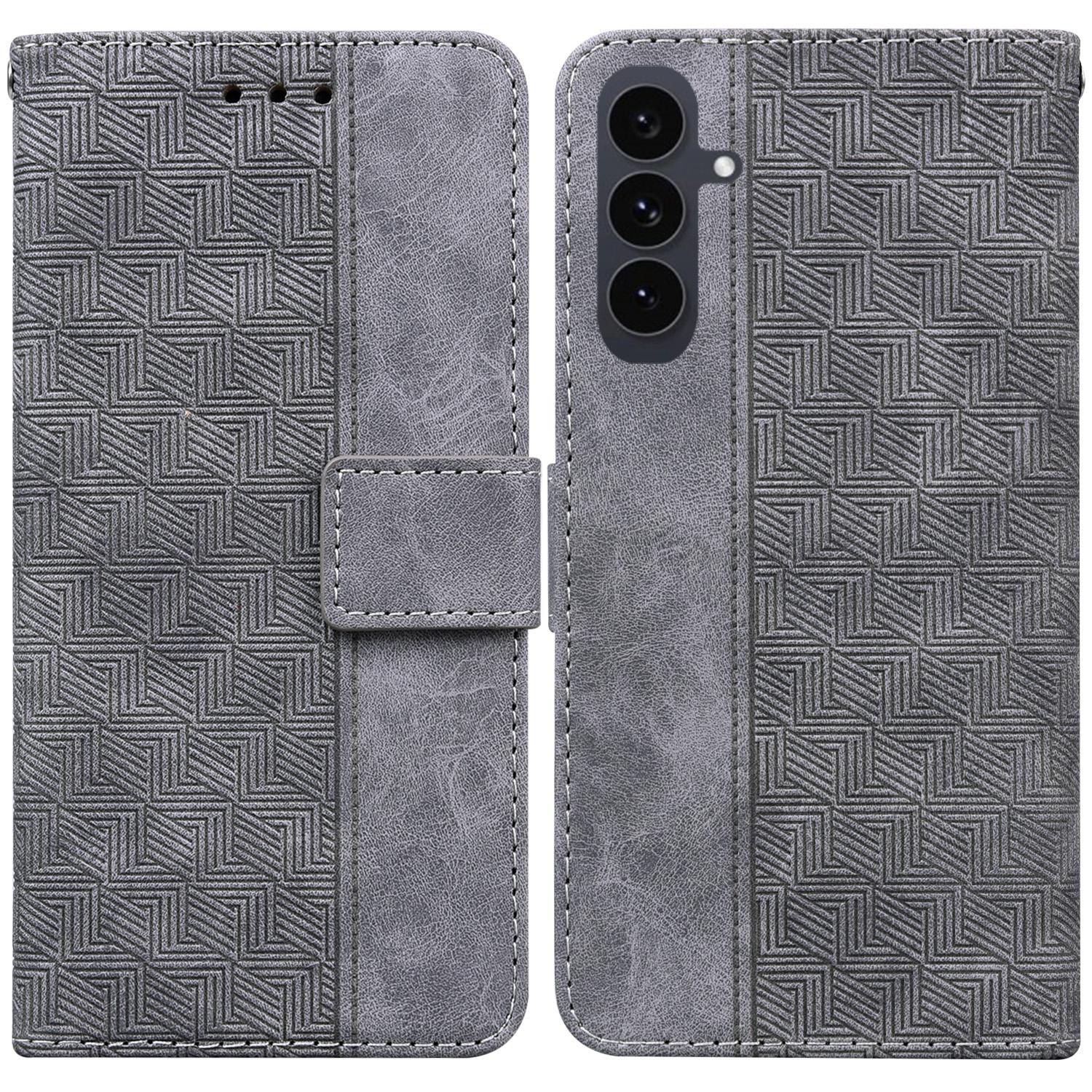 

For Samsung Galaxy S25 FE Case Geometry Pattern Leather Wallet Phone Cover with Wrist Strap Grey