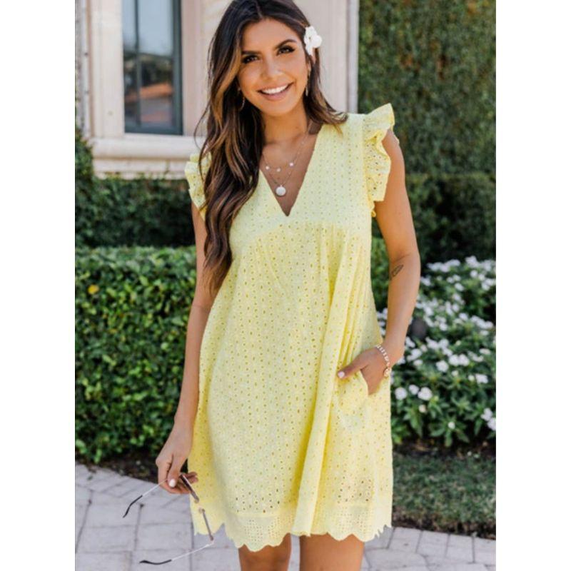 

Solid Color V-neck Lace Loose Dress Women Pure Color V-neck Lace Loose Dress Yellow S