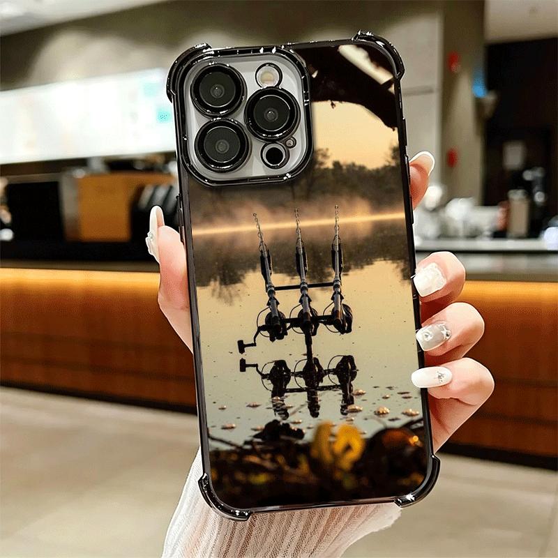 Carp Fish Fishing Rod Plating Phone Case For Iphone 16 17 Pro Max Air 16E 14 15 Plus 12 13 Mini Anti-Fall Airabag Cover
