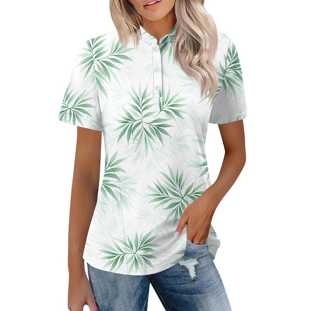 Women's Casual Polo Collar Short Sleeve Top Loose Fit Tropical Leaf Floral Print Shirt Summer Lightweight Blouse