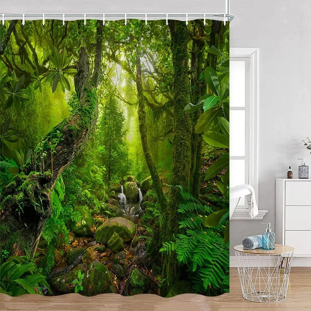 Tropischer Regenwald Duschvorhänge Waldpflanzen Rustikale Naturlandschaft Badevorhang Gartenwandbehang Badezimmer Dekor Haken