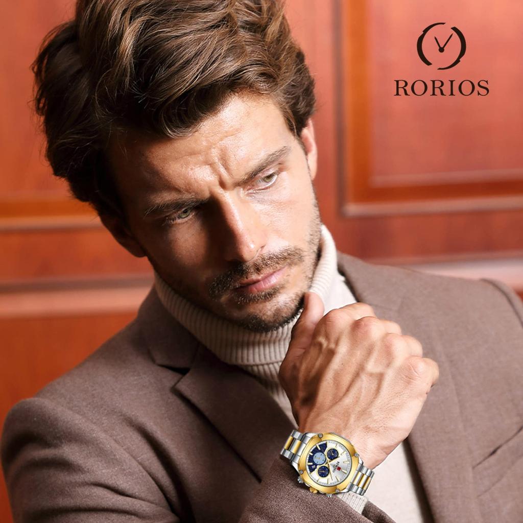 RORIOS Stylish Analog Quartz Popular Casual Business Waterproof Multifunctional Sports Watch Date Display Luminous Chronograph Stainless Steel Band
