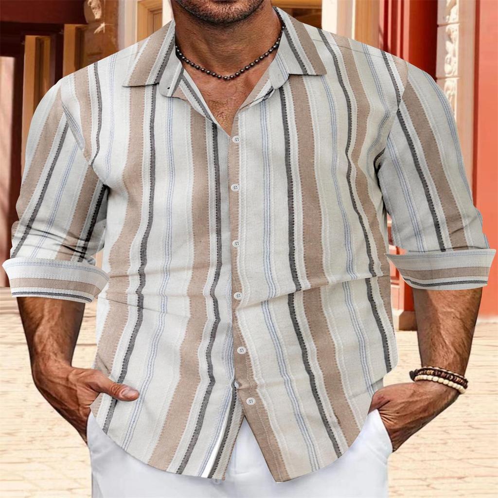 Men's Summer Fashion Casual Men's Striped Shirt Casual Loose Long Sleeved Shirt