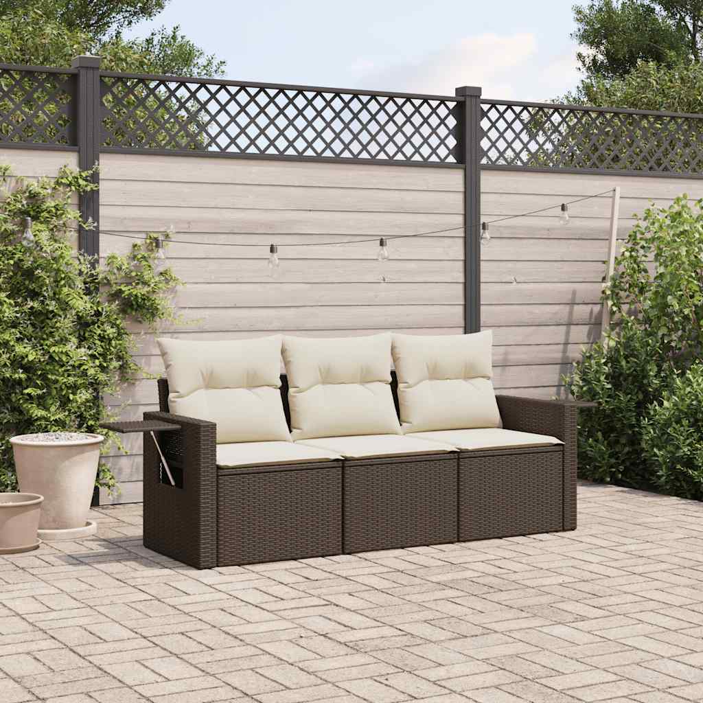 3 Piece Garden Sofa Set with Cushions Brown Poly Rattan