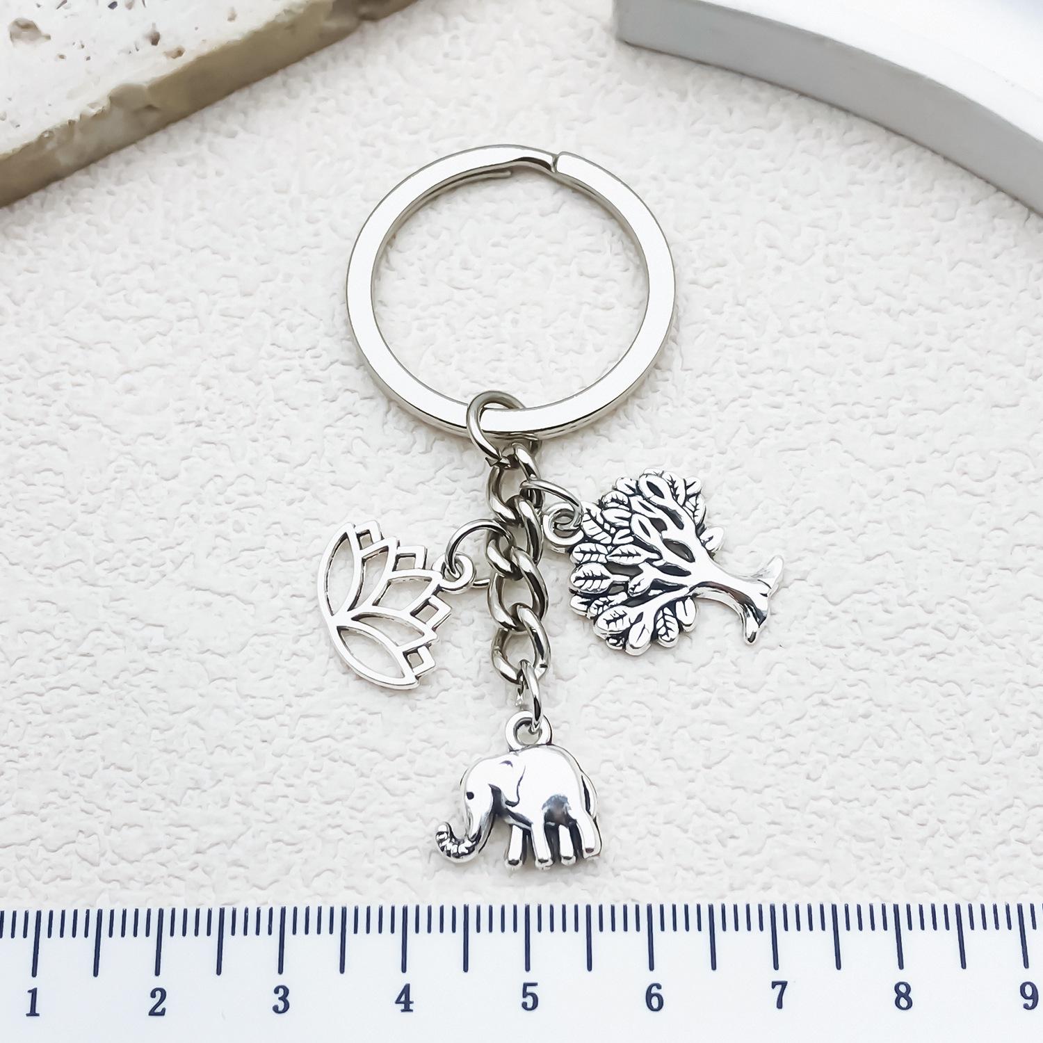 Elephant Lotus Tree Pendant Keychain Charm - Cute & Simple Metal Ornament