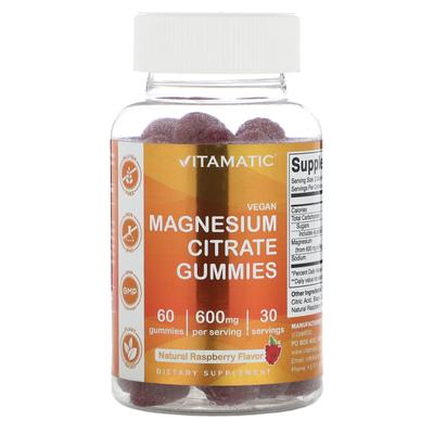 Vitamatic, Vegan Magnesium Citrate Gummies, Natural Raspberry, 600mg, 60 Gummies (300mg Per Gummy)