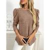 Women Solid Crew Neck Puff Sleeve Long Sleeve Brushed Striped T Shirt Top