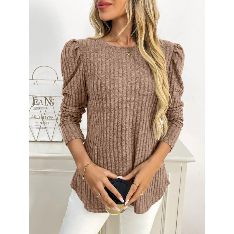Women Solid Crew Neck Puff Sleeve Long Sleeve Brushed Striped T Shirt Top