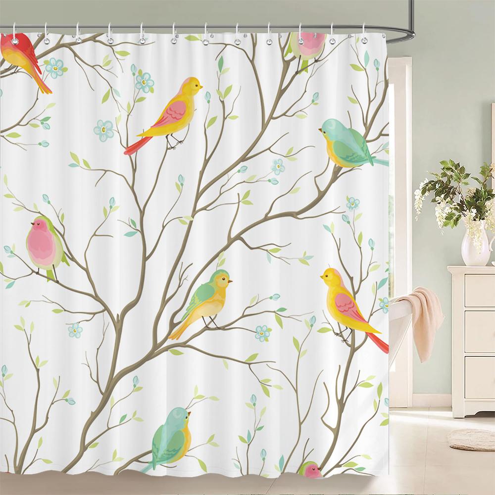 1 Pack of Watercolor Flower Plant Pattern Polyester Shower Curtain Bathroom Partition Curtain with Hooks Home Decorative Curtain