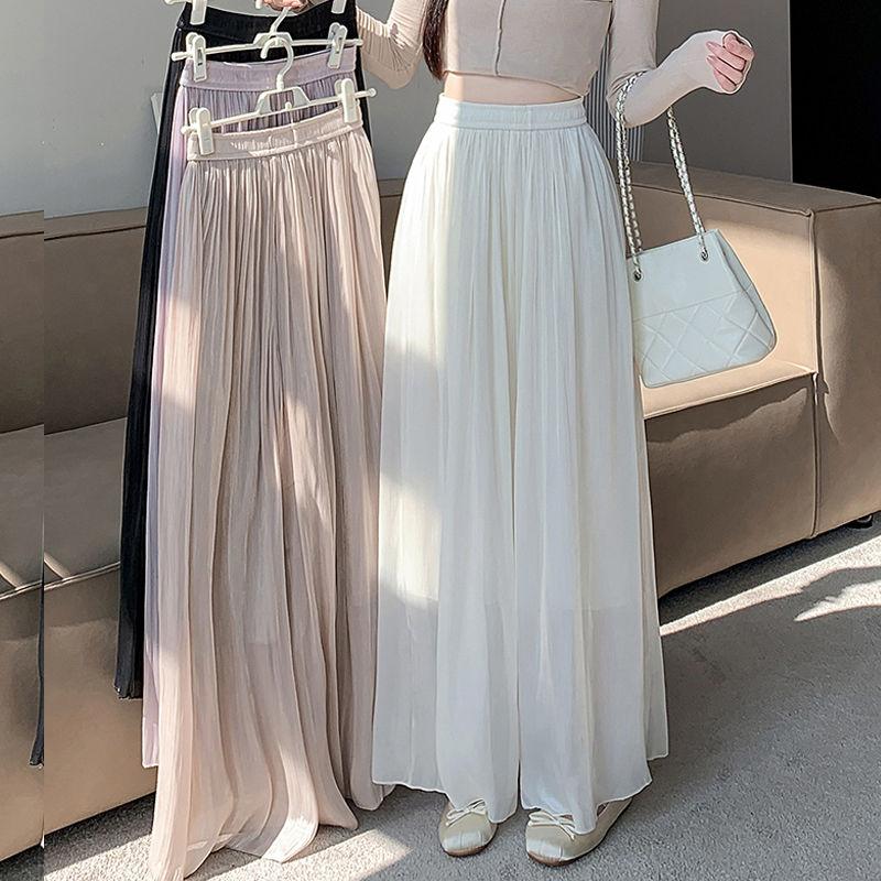 Ledově hedvábný šifonové široké kalhoty dámské letní tenké s vysokým pasem zeštíhlující volné ležérní devítidélkové splývavé plisované culottes