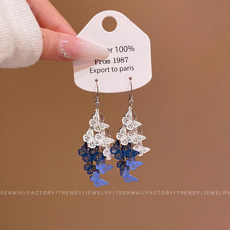 

Cool blue butterfly long earrings women s niche design high dry fringed earrings square round face fashionable versatile earrings