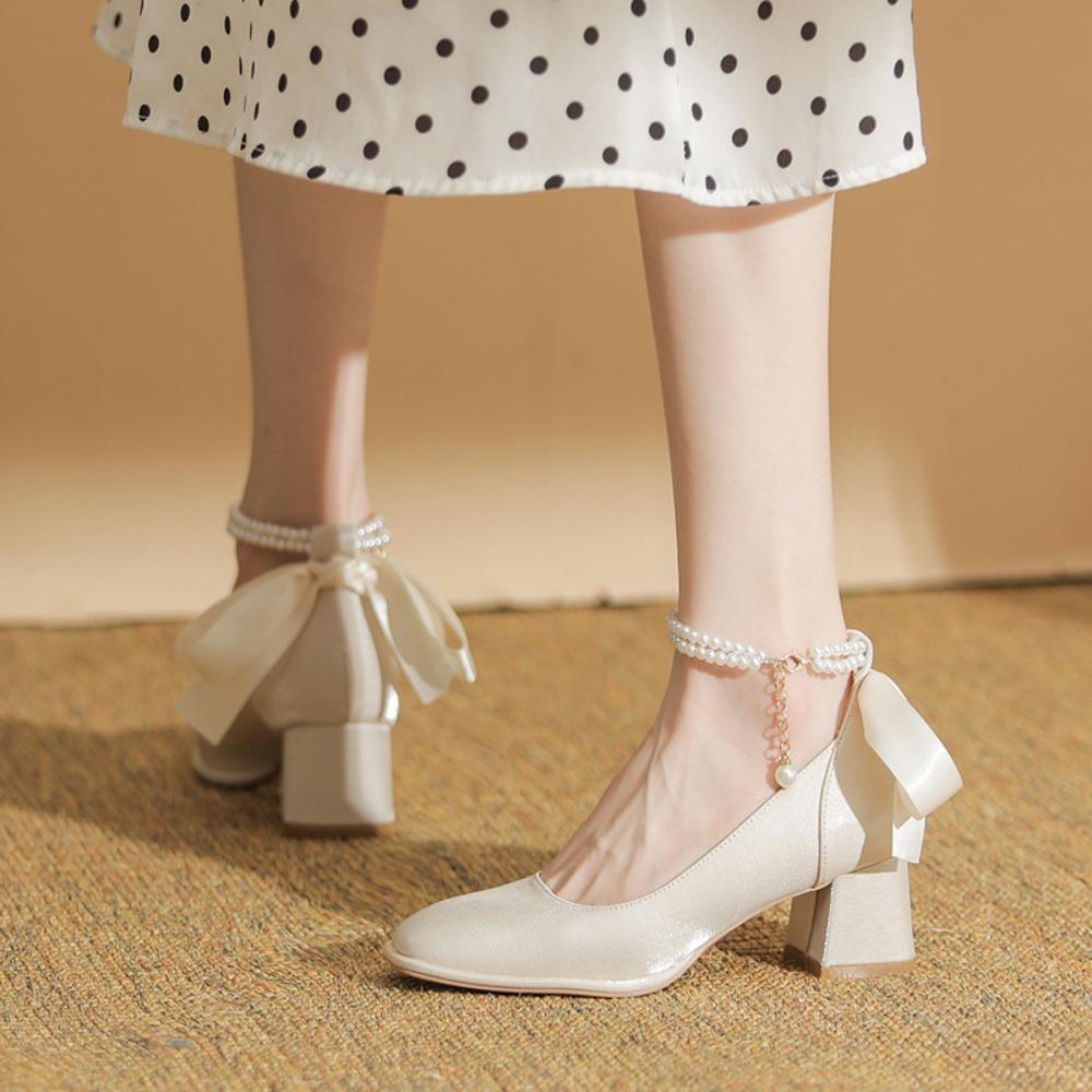 2025 New French-Style Women's Wedding Shoes - Bowknot Fairy Bridesmaid Shoes, Two-Way Wear Block Heel, Comfortable Non-Tiring Feet, StyleXCY34-888-200