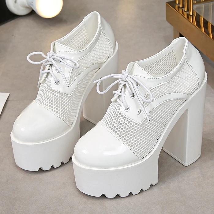 Fashion New Fashion Gladiator Women Shoes Square High Heels Sexy Black White Lace Up Party Ladies Round Toe Breathable Mesh Pumps