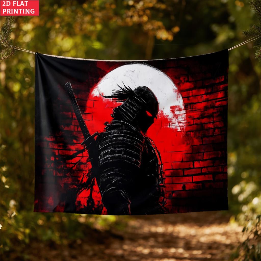 Samurai Silhouette Tapestry Red Moon Background Japanese Warrior Wall Hanging Dark Aesthetic Decor Bedroom Living Room Art