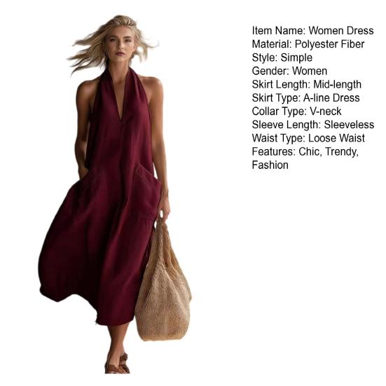 Summer Dress for Women Casual Deep V Neck Halter Sleeveless Long Dress Beach Vacation Flowy A-line Dress with Pockets