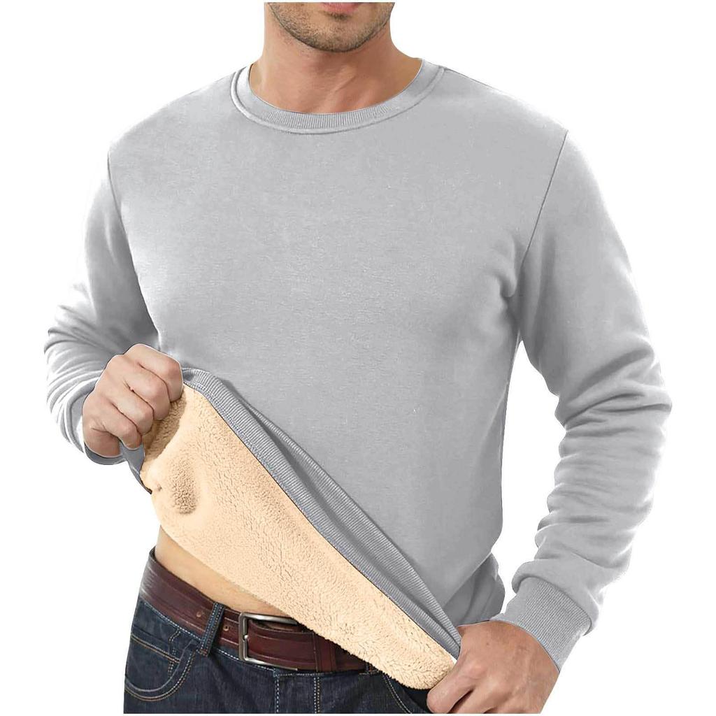 Men's Fleece-Lined Crew Neck Sweatshirt - Loose Fit, Solid Color, Warm Autumn/Winter Wear.