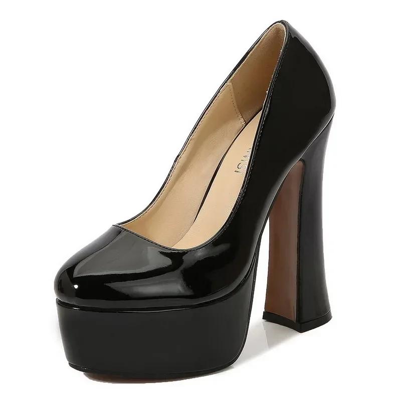 

Women Patent Leather High-heeled Shoes Waterproof Platform High Thick Heel Shoes OL Office Nightclub Wedding Banquet Women Pumps 44 чорний