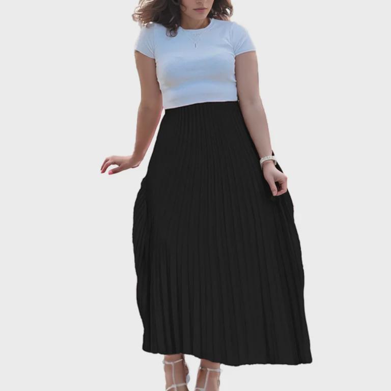 2022 Autumn Plus Size Women's Pleated Maxi Skirt – Solid Color, High Waist, European & American Style