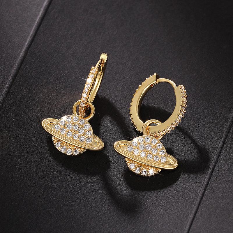 Micro Paved Clear Cubic Zirconia Saturn Charm Drop Earrings Full Stone Inlaid Small Hoop Gold Tone Cosmic Ladies Accessories