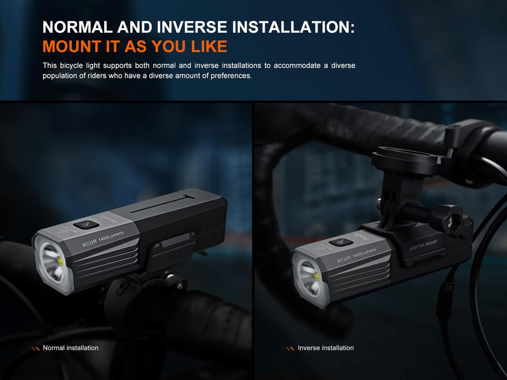 Fenix BC22R Rechargeable Front Cycle Light 1400 Lumens 156m Up To 41 Hours Bright White White Two Mounting Options IP66 Commuter/Off-Road