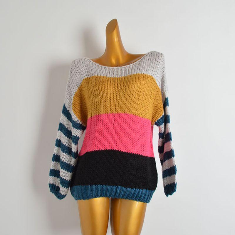 

Export round Neck Pullover Stripe Cut Out Stylish Sweater Soft Glutinous Loose Long Sleeves Knitwear T-shirt Tops Women Picture color One size