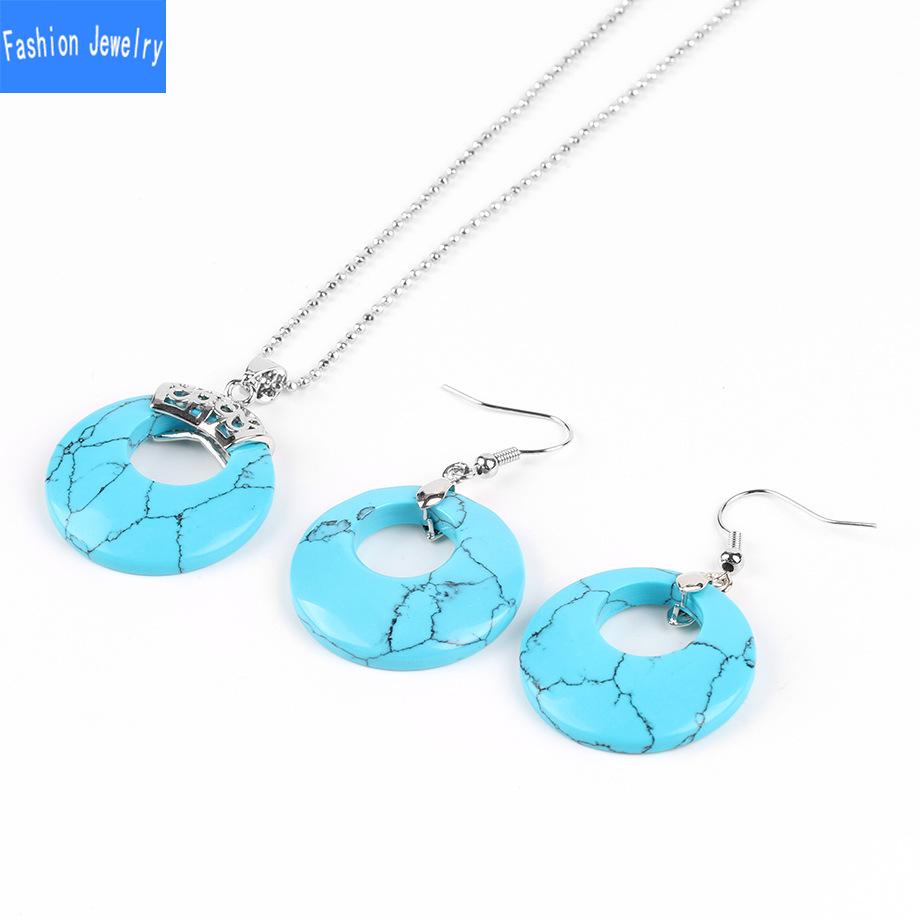 Damen Naturstein Hohl Konzentrisch Rund Set Blume Grün Weiß Kristall Tigerauge Stein Ohrring Halskette Set