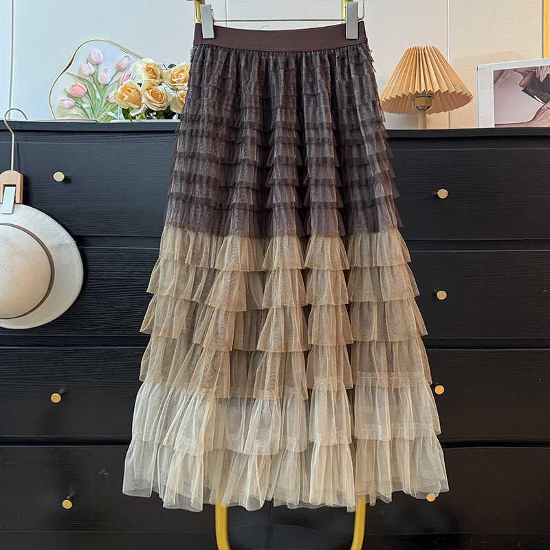 

2026 Spring High-Waisted Layered A-Line Midi Skirt – French Fairy Style, Color Block Mesh One size fits 80-140 jin кофейный
