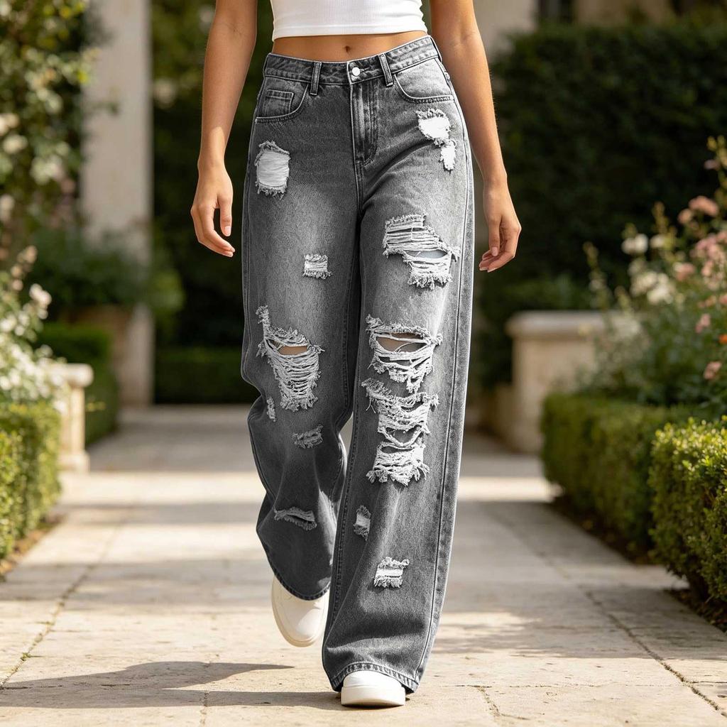 Women's High Waist Straight Leg Ripped Distressed Denim Jeans Casual Pants