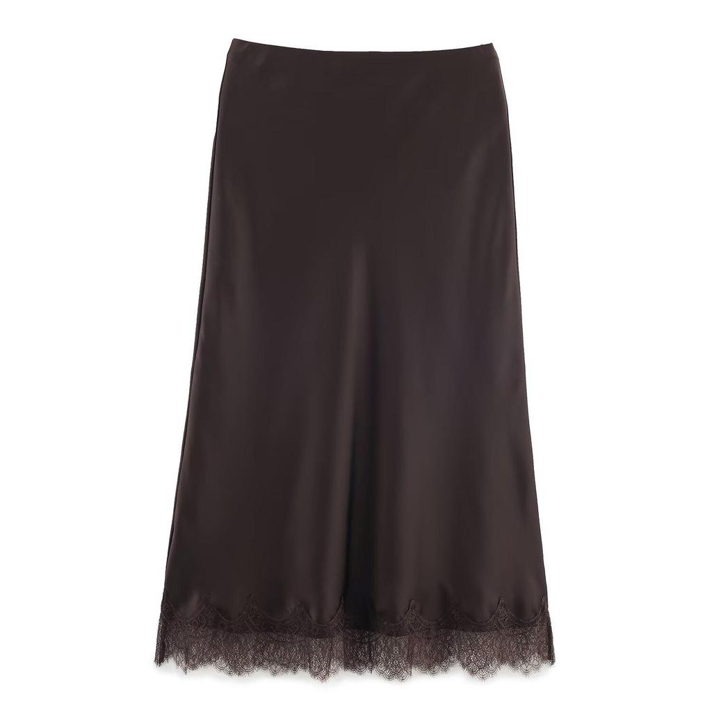 European Style 2025 Elegant Women's Silk Satin Midi Skirt