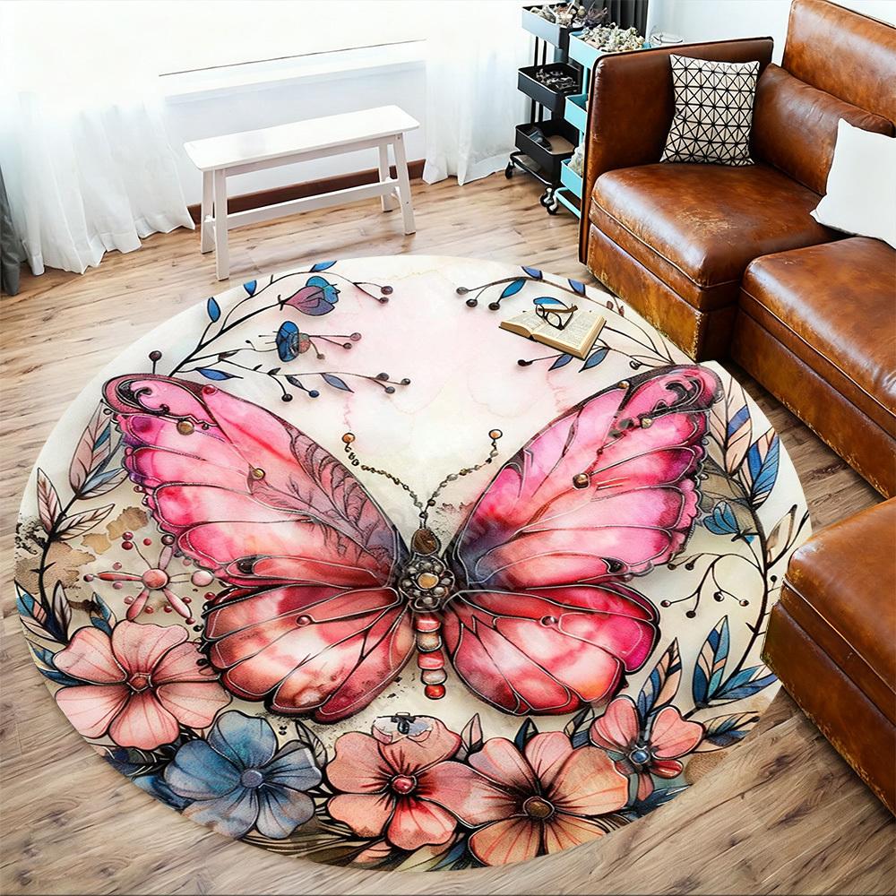 1PC Butterfly Flowers Office Round Area Rug, Under Office Chairs Bedroom Living Room Home Decor, Carpet for Office -1110013